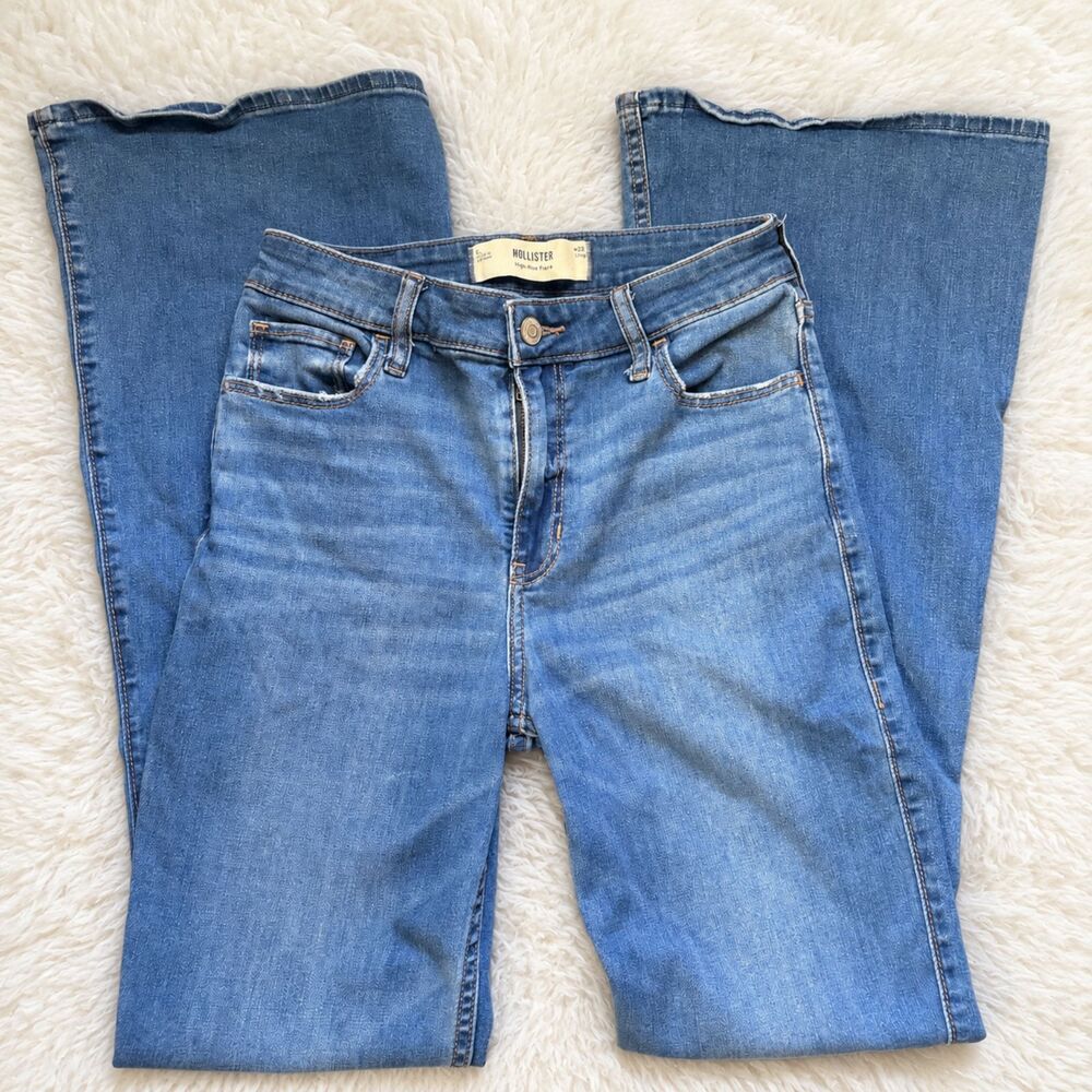 Hollister High-Rise Flare Jeans W28 6L Long Medium Wash Blue Denim